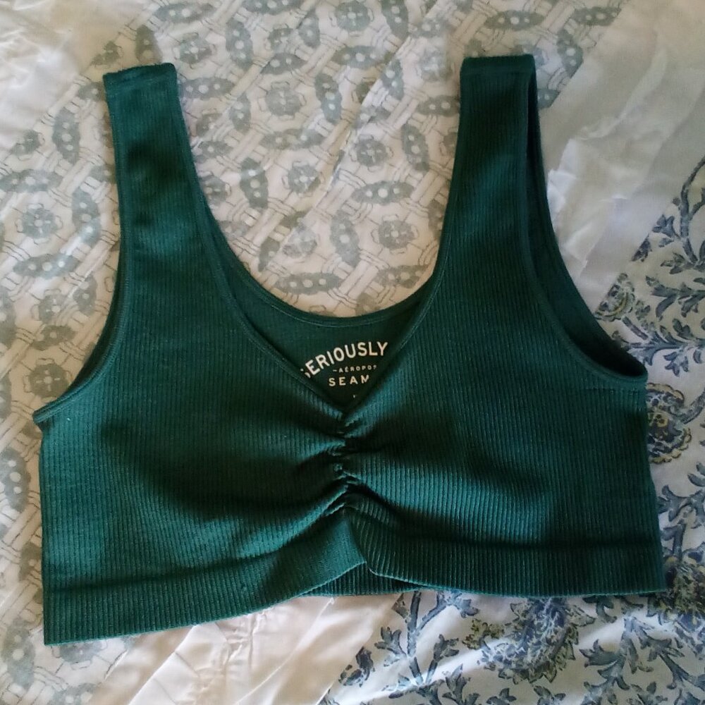 AEROPOSTALE SERIOUSLY SOFT SEEMLESS DARK GREEN RIBBED ROUCHED SPORTS BRA LARGE